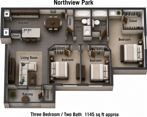 Floor plan for 3 beds, 2 baths, 1145 sqft
